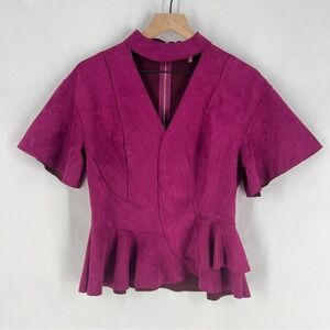 CQ by CQ Elegant Purple Faux Suede Mock V-Neck Cutout‎ Ruffle Hem Peplum Top S